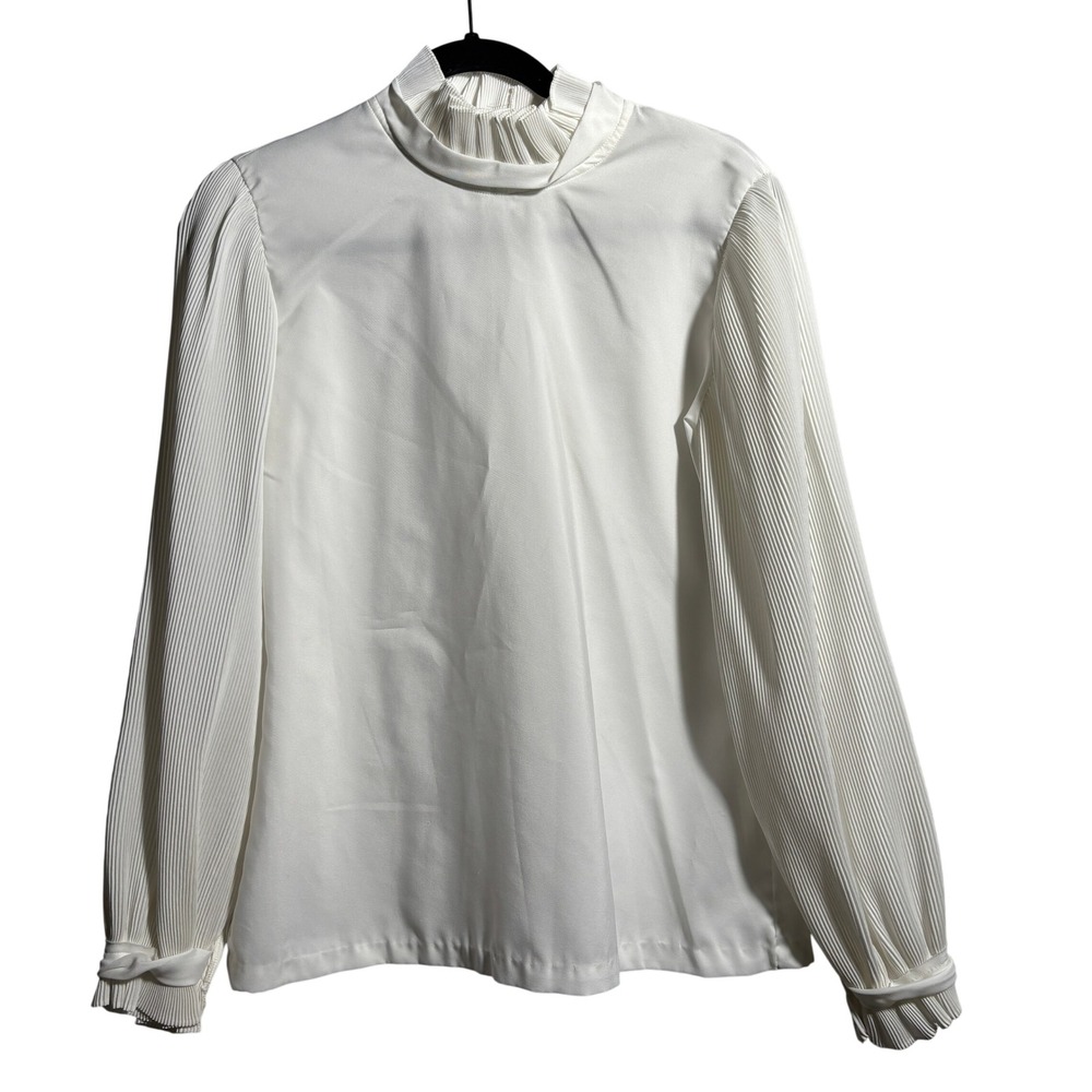 Vintage Ship N Shore White Pleated Mock Neck Long Sleeve Blouse Top Size‎ L